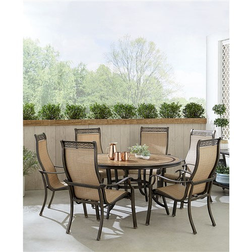 Hanover - Monaco 7pc: 6 Sling Dining Chairs, 60" Round Tile Table - Tan/Bronze-United Backyard