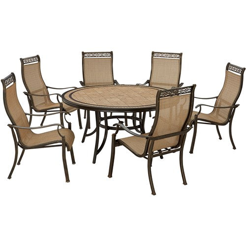 Hanover - Monaco 7pc: 6 Sling Dining Chairs, 60" Round Tile Table - Tan/Bronze-United Backyard