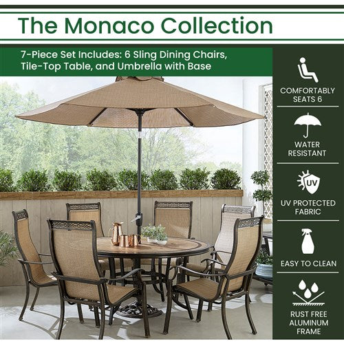 Hanover - Monaco 7pc: 6 Sling Dining Chairs, 60" Round Tile Table, Umbrella, Base - Tan/Bronze-United Backyard