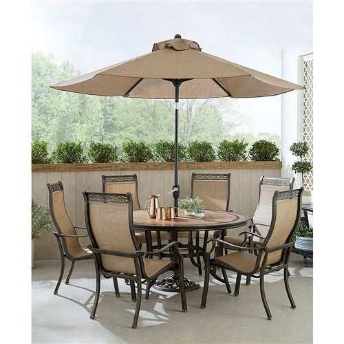 Hanover - Monaco 7pc: 6 Sling Dining Chairs, 60" Round Tile Table, Umbrella, Base - Tan/Bronze-United Backyard