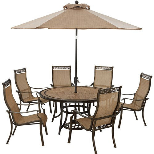 Hanover - Monaco 7pc: 6 Sling Dining Chairs, 60" Round Tile Table, Umbrella, Base - Tan/Bronze-United Backyard