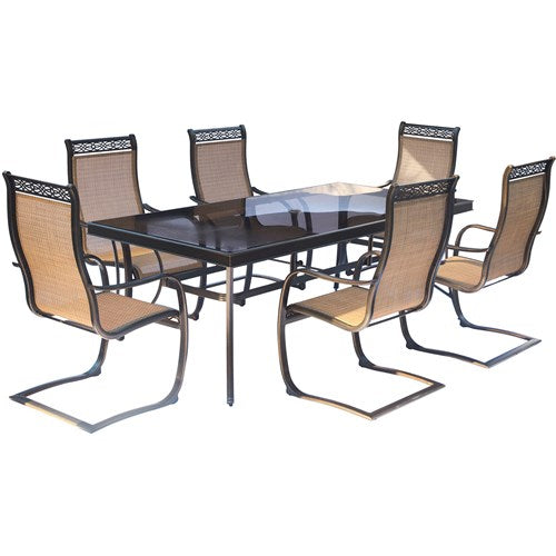 Hanover - Monaco 7pc: 6 Sling Spring Chairs, 42x84" Glass Top Table - Tan Sling/Glass-United Backyard