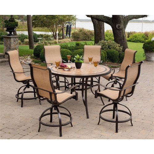 Hanover - Monaco 7pc: 6 Sling Swivel Counter Height Chairs, 56" Rnd Tile Table-United Backyard