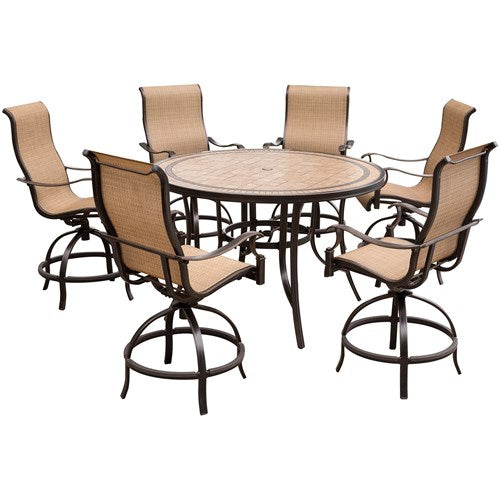 Hanover - Monaco 7pc: 6 Sling Swivel Counter Height Chairs, 56" Rnd Tile Table-United Backyard