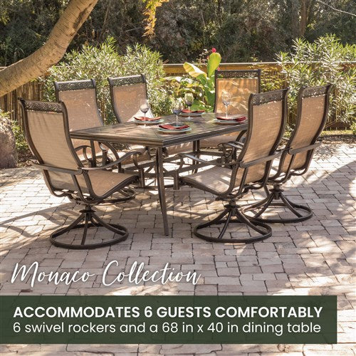 Hanover - Monaco 7pc: 6 Sling Swivel Rockers, 40x68" Tile Top Table - Tan/Tile-United Backyard