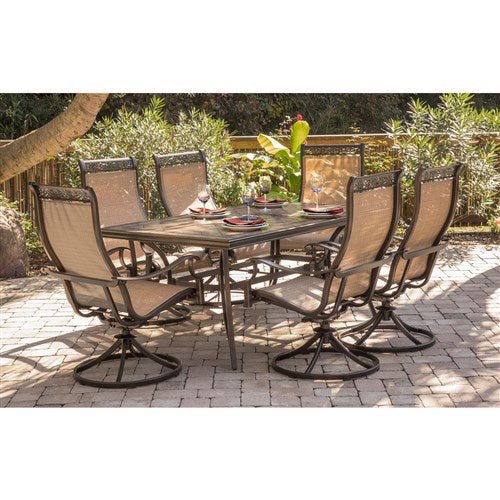 Hanover - Monaco 7pc: 6 Sling Swivel Rockers, 40x68" Tile Top Table - Tan/Tile-United Backyard