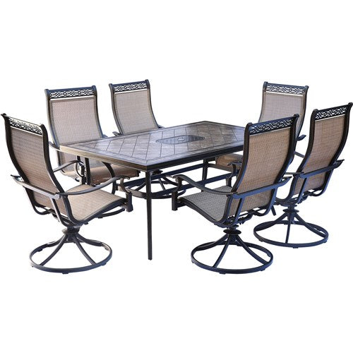 Hanover - Monaco 7pc: 6 Sling Swivel Rockers, 40x68" Tile Top Table - Tan/Tile-United Backyard