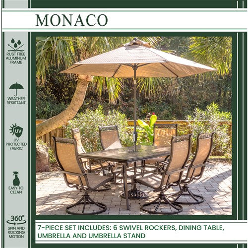 Hanover - Monaco 7pc: 6 Sling Swivel Rockers, 40x68" Tile Top Table, Umbrella, Base - Tan Sling/Tile-United Backyard