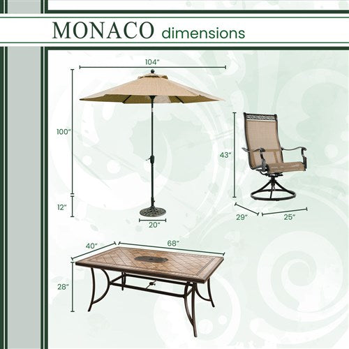 Hanover - Monaco 7pc: 6 Sling Swivel Rockers, 40x68" Tile Top Table, Umbrella, Base - Tan Sling/Tile-United Backyard