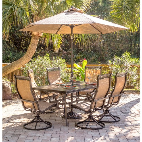 Hanover - Monaco 7pc: 6 Sling Swivel Rockers, 40x68" Tile Top Table, Umbrella, Base - Tan Sling/Tile-United Backyard