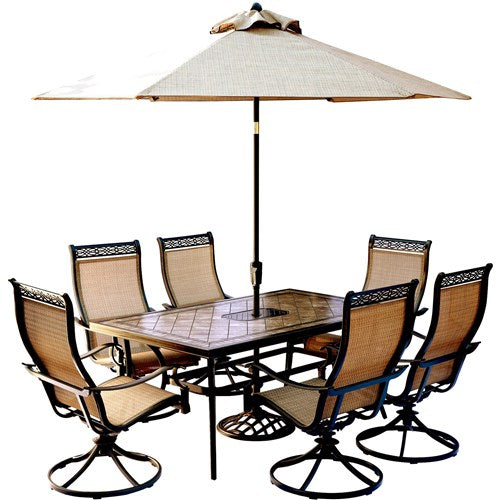 Hanover - Monaco 7pc: 6 Sling Swivel Rockers, 40x68" Tile Top Table, Umbrella, Base - Tan Sling/Tile-United Backyard