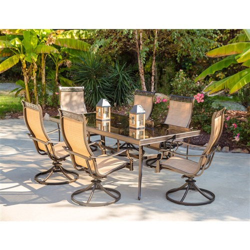 Hanover - Monaco 7pc: 6 Sling Swivel Rockers, 42x84" Glass Top Table - Tan Sling/Glass-United Backyard