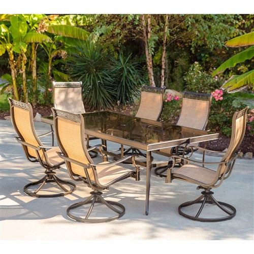 Hanover - Monaco 7pc: 6 Sling Swivel Rockers, 42x84" Glass Top Table - Tan Sling/Glass-United Backyard