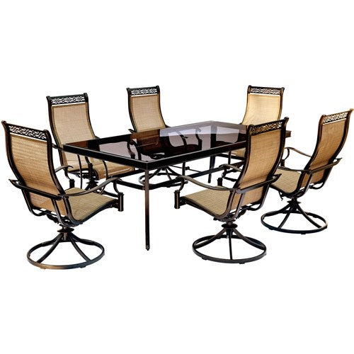 Hanover - Monaco 7pc: 6 Sling Swivel Rockers, 42x84" Glass Top Table - Tan Sling/Glass-United Backyard