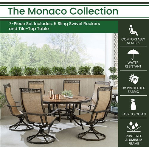 Hanover - Monaco 7pc: 6 Sling Swivel Rockers, 60" Round Tile Table - Tan/Bronze-United Backyard