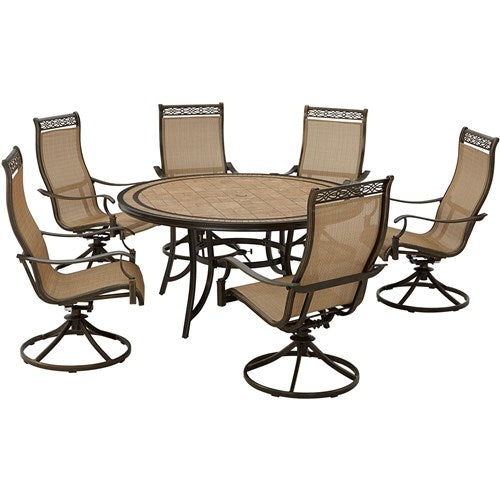 Hanover - Monaco 7pc: 6 Sling Swivel Rockers, 60" Round Tile Table - Tan/Bronze-United Backyard