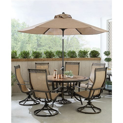 Hanover - Monaco 7pc: 6 Sling Swivel Rockers, 60" Round Tile Table, Umbrella, Base - Tan/Bronze-United Backyard