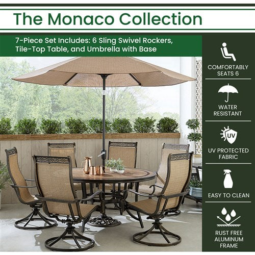 Hanover - Monaco 7pc: 6 Sling Swivel Rockers, 60" Round Tile Table, Umbrella, Base - Tan/Bronze-United Backyard