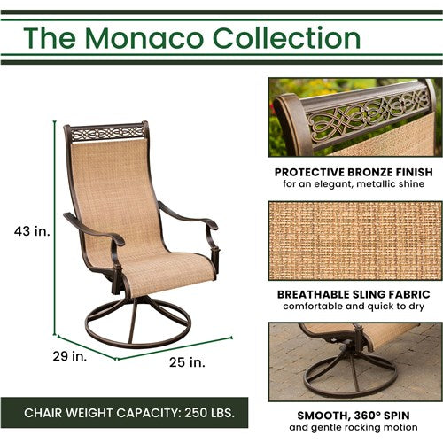 Hanover - Monaco 7pc: 6 Sling Swivel Rockers, 60" Round Tile Table, Umbrella, Base - Tan/Bronze-United Backyard