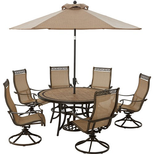 Hanover - Monaco 7pc: 6 Sling Swivel Rockers, 60" Round Tile Table, Umbrella, Base - Tan/Bronze-United Backyard