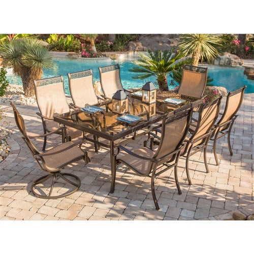 Hanover - Monaco 9pc: 6 Sling Dining Chairs, 2 Sling Swivel Rockers, 42x84" Gls Table - Tan Sling/Glass-United Backyard