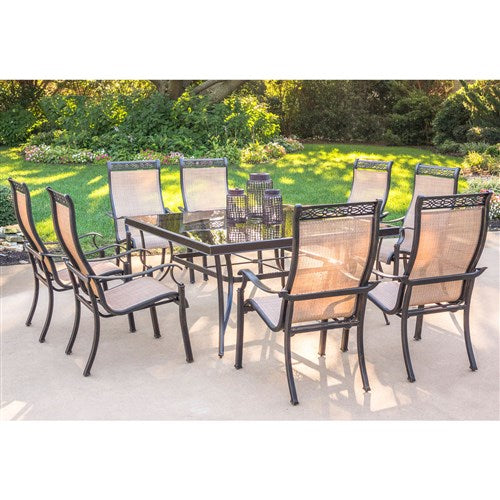 Hanover - Monaco 9pc: 8 Sling Chairs, 60" Square Glass Top Table - Tan Sling/Glass-United Backyard