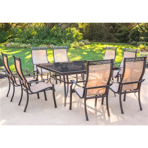 Hanover - Monaco 9pc: 8 Sling Chairs, 60" Square Glass Top Table - Tan Sling/Glass-United Backyard