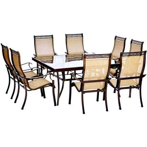 Hanover - Monaco 9pc: 8 Sling Chairs, 60" Square Glass Top Table - Tan Sling/Glass-United Backyard