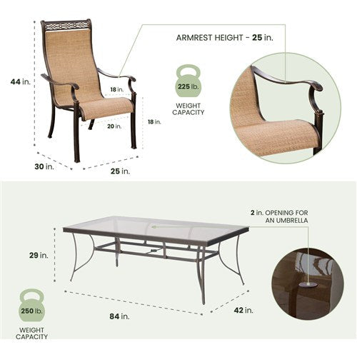Hanover - Monaco 9pc: 8 Sling Dining Chairs, 42x84" Glass Top Table - Tan Sling/Glass-United Backyard