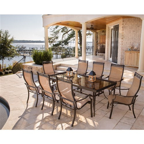 Hanover - Monaco 9pc: 8 Sling Dining Chairs, 42x84" Glass Top Table - Tan Sling/Glass-United Backyard