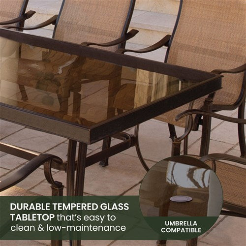 Hanover - Monaco 9pc: 8 Sling Dining Chairs, 42x84" Glass Top Table - Tan Sling/Glass-United Backyard