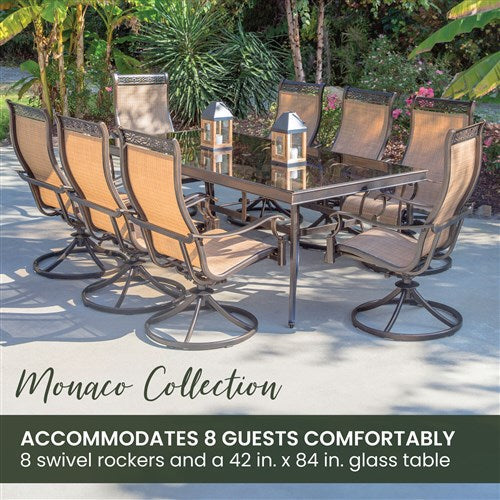 Hanover - Monaco 9pc: 8 Sling Swivel Rockers, 42x84" Glass Top Table - Tan Sling/Glass-United Backyard