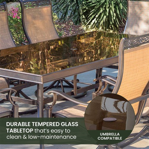 Hanover - Monaco 9pc: 8 Sling Swivel Rockers, 42x84" Glass Top Table - Tan Sling/Glass-United Backyard