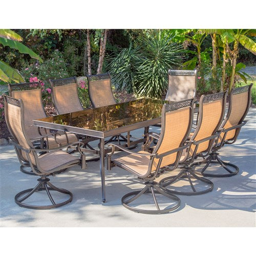 Hanover - Monaco 9pc: 8 Sling Swivel Rockers, 42x84" Glass Top Table - Tan Sling/Glass-United Backyard