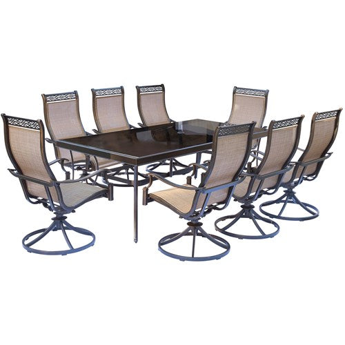 Hanover - Monaco 9pc: 8 Sling Swivel Rockers, 42x84" Glass Top Table - Tan Sling/Glass-United Backyard