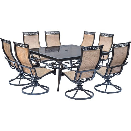 Hanover - Monaco 9pc: 8 Sling Swivel Rockers, 60" Square Glass Top Table - Tan Sling/Glass-United Backyard