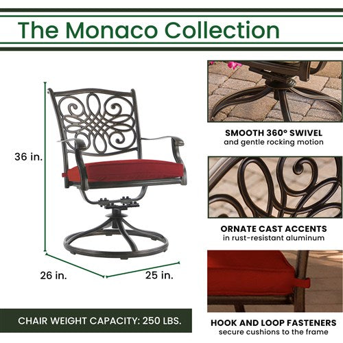 Hanover - Monaco7pc: 6 Cush Swivel Rockers, 60" Round Tile Table, Umbrella, Base - Red/Bronze-United Backyard