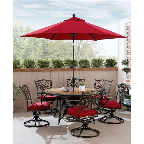 Hanover - Monaco7pc: 6 Cush Swivel Rockers, 60" Round Tile Table, Umbrella, Base - Red/Bronze-United Backyard