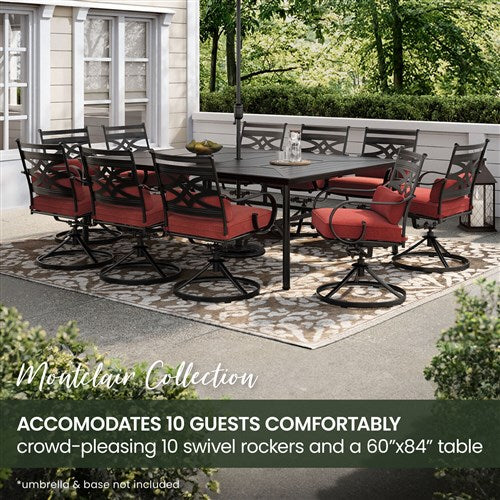 Hanover - Montclair 11pc: 10 Swivel Rockers, 60"x84" Rectangle Dining Table - Chili Red/Brown-United Backyard