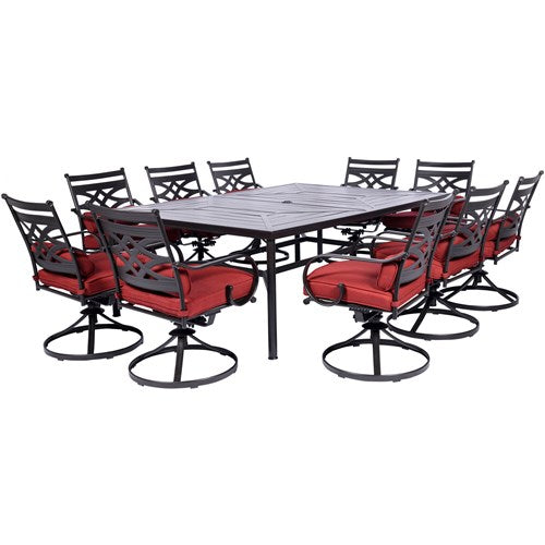 Hanover - Montclair 11pc: 10 Swivel Rockers, 60"x84" Rectangle Dining Table - Chili Red/Brown-United Backyard