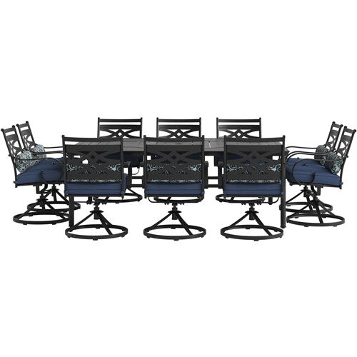 Hanover - Montclair 11pc: 10 Swivel Rockers, 60"x84" Rectangle Dining Table - Navy/Brown (MCLRDN11PCSW10-NVY)-United Backyard