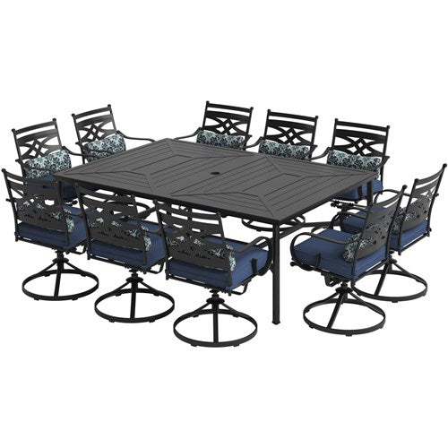 Hanover - Montclair 11pc: 10 Swivel Rockers, 60"x84" Rectangle Dining Table - Navy/Brown (MCLRDN11PCSW10-NVY)-United Backyard