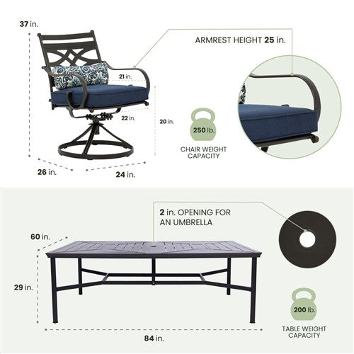 Hanover - Montclair 11pc: 10 Swivel Rockers, 60"x84" Rectangle Dining Table - Navy/Brown (MCLRDN11PCSW10-NVY)-United Backyard