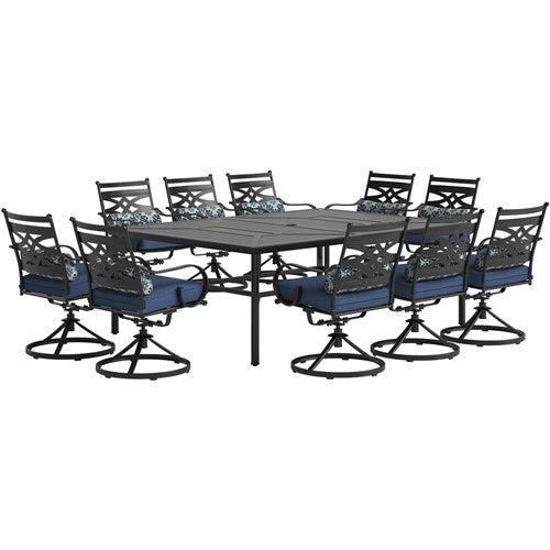 Hanover - Montclair 11pc: 10 Swivel Rockers, 60"x84" Rectangle Dining Table - Navy/Brown (MCLRDN11PCSW10-NVY)-United Backyard