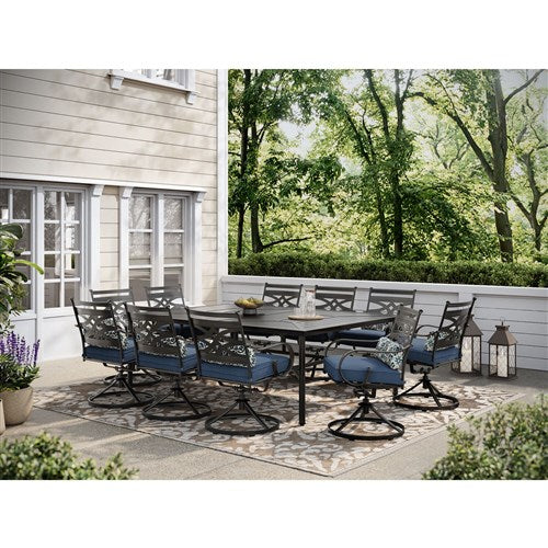 Hanover - Montclair 11pc: 10 Swivel Rockers, 60"x84" Rectangle Dining Table - Navy/Brown (MCLRDN11PCSW10-NVY)-United Backyard