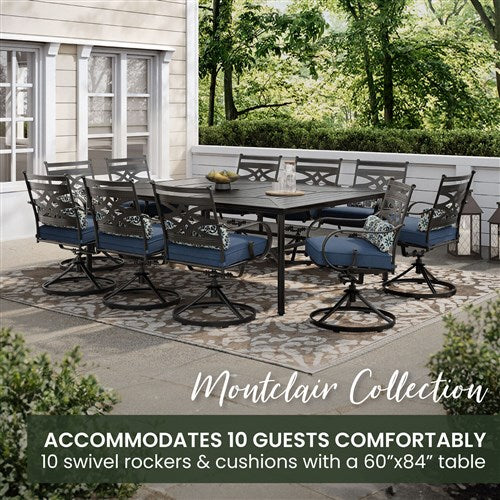 Hanover - Montclair 11pc: 10 Swivel Rockers, 60"x84" Rectangle Dining Table - Navy/Brown (MCLRDN11PCSW10-NVY)-United Backyard