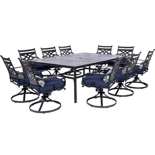 Hanover - Montclair 11pc: 10 Swivel Rockers, 60"x84" Rectangle Dining Table - Navy/Brown (MCLRDN11PCSW10-NVY)-United Backyard