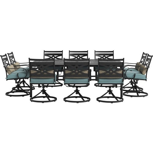 Hanover - Montclair 11pc: 10 Swivel Rockers, 60"x84" Rectangle Dining Table - Ocean Blue/Brown-United Backyard