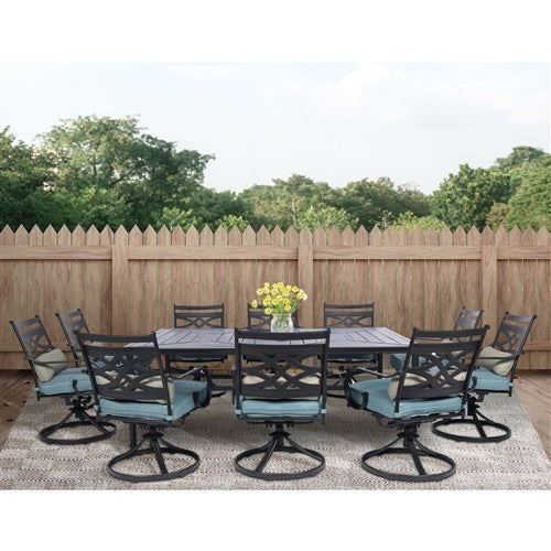 Hanover - Montclair 11pc: 10 Swivel Rockers, 60"x84" Rectangle Dining Table - Ocean Blue/Brown-United Backyard