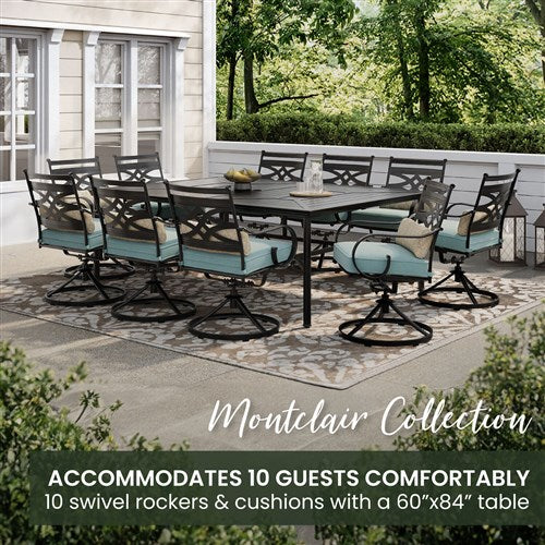 Hanover - Montclair 11pc: 10 Swivel Rockers, 60"x84" Rectangle Dining Table - Ocean Blue/Brown-United Backyard